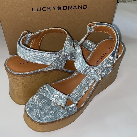 Lucky Brand sandals wedges Demmia acid denim hazy paisley NEW size 10 mushrooms - Picture 4 of 10